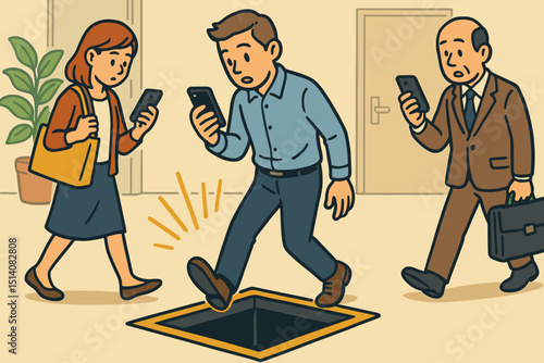 Smartphone addiction danger. Distracted pedestrians on phones, man walking into open manhole. Risk, accident, safety hazard concept. Modern social issue. Cartoon vector illustration.