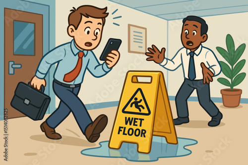 Phone distraction accident. Businessman walking, wet floor. Slip danger. Office safety. Colleague warning. Caution sign. Workplace hazard. Carelessness. Risk. Unaware worker. Smartphone.