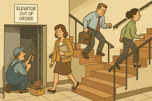 Elevator out of order, repairman at work fixing broken lift. Frustrated office workers, business people taking stairs. Workplace inconvenience, maintenance service. Daily problem concept illustration.