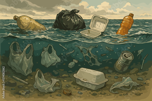 Devastating ocean plastic pollution. Underwater and surface scene of discarded bottles, bags, containers, and general waste. Marine contamination, environmental disaster, ecological crisis.