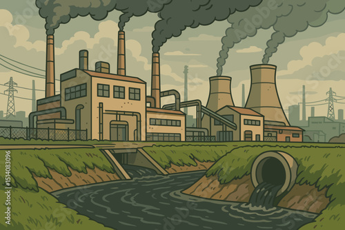 Industrial pollution concept. Factory landscape, power plant with smoking chimneys, air pollution. Wastewater discharge, polluted river, water contamination. Environmental damage, ecology crisis.
