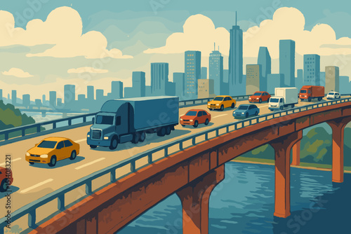 City bridge traffic illustration. Urban transportation. Cars, trucks on highway over river. Modern cityscape skyline. Skyscrapers background. Commute, infrastructure, logistics, urbanism concept.