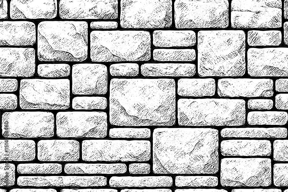 Seamless stone wall pattern. Black and white sketch texture. Hand drawn brick background. Monochrome rustic architecture. Building facade design. Exterior interior vector. Masonry block art graphic.