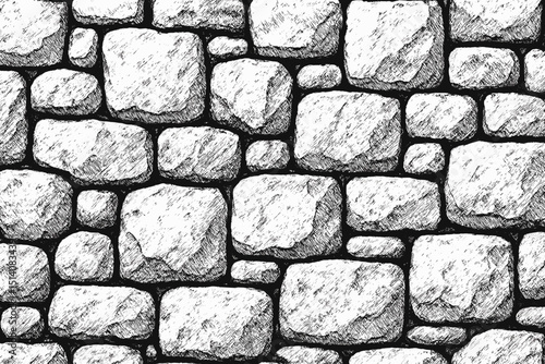 Black and white stone wall seamless pattern. Hand-drawn sketch style masonry texture. Monochrome rustic rock background. Ancient cobblestone vector illustration for wallpaper or design.