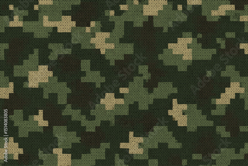 Pixel Military Fabric. Digital Camouflage Pattern. Textured Squares Green Brown. Seamless Army Tactical Background. Soldier Uniform Camo. Abstract Geometric Vector Design. Textile War Games.