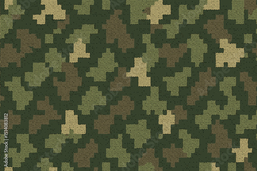 Digital pixel military camouflage seamless pattern. Textured fabric background in army green and brown. Abstract tactical woodland camo vector for textile print, game design, or wallpaper.