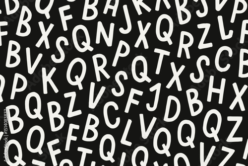 Chaotic abstract letter pattern, seamless typography background with random white alphabet characters. Monochrome texture for education, communication, design. Jumbled font graphic vector.