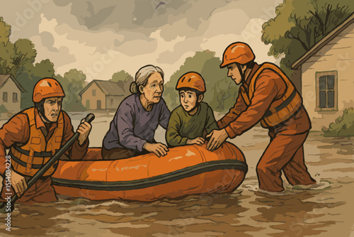Flood rescue mission illustration: Heroic emergency responders in boat evacuate an elderly woman and a young child from a submerged village. Natural disaster relief, humanitarian aid, climate crisis.