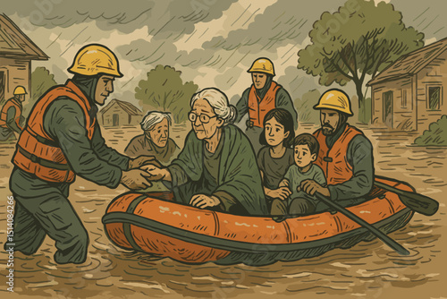 Lifesaving flood rescue mission. Emergency team in inflatable raft evacuating citizens, elderly woman, children from submerged houses during heavy rain. Natural catastrophe, survival, climate crisis.