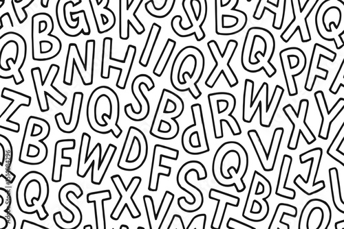 Unreadable letters jumble. Seamless pattern alphabet. Hand-drawn doodle typography. Black white abstract chaos. Random uppercase ABC texture. Education background. Design print vector. Kids art.