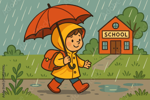 Happy child in yellow raincoat with red umbrella walking to school in the rain. Cute kid with backpack and boots on a rainy day. Retro cartoon vector illustration for education and childhood.
