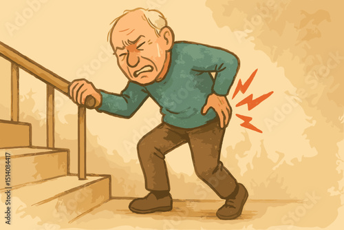 Elderly man suffering acute back pain climbing stairs, illustrating senior mobility issues & geriatric health problems. Chronic lumbar ache, physical strain, age-related discomfort, injury.