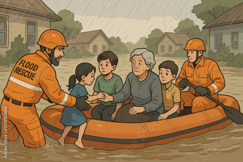 Flood rescue team saving family, children, and elderly woman from rising waters. Emergency responders in boat during heavy rain. Natural disaster, humanitarian aid, evacuation concept vector.