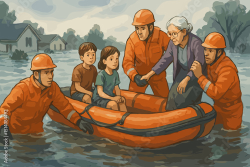 Watercolor illustration of flood rescue. Emergency team evacuating children and senior woman in boat from flooded town. Natural disaster relief, humanitarian aid, urgent assistance, crisis response.