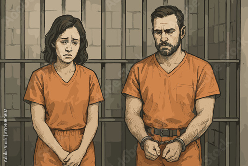Man and woman, prisoners in orange jumpsuits, stand despondently behind jail bars. Male inmate handcuffed. Concept of crime, justice, custody, incarceration, and punishment. Sad criminals.