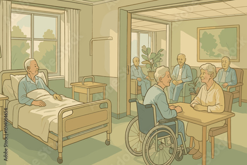 Elderly patients in hospital common room, senior care illustration. Man in bed, couple at table, wheelchair user. Nursing home, assisted living, healthcare for aging population concept vector.