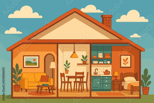 Cozy house interior cutaway illustration with living room, dining area, kitchen, bedroom. Flat retro design showcasing furniture, home decor. Domestic life, architecture diagram, real estate concept.