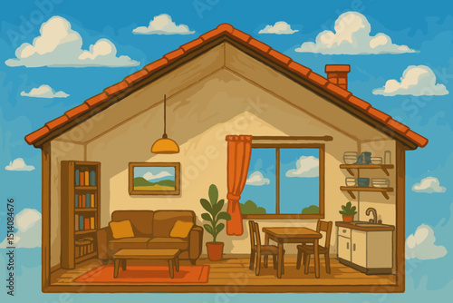 Cozy house interior cutaway view illustration. Floating home in blue sky with clouds. Living room, kitchen, furniture. Dream house concept, architecture, real estate design. Warm, inviting atmosphere.