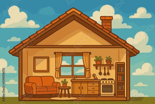 Cute cartoon house interior cross-section illustration. Cozy home design with living room, kitchen, sofa, stove, and bookshelf. Retro vintage style domestic scene. Sweet idyllic lifestyle concept art.