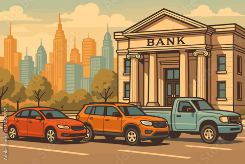 Retro flat vector illustration of cars queuing at a city bank. Urban scene depicting finance, drive-thru banking concept, vehicles including sedan, SUV, pickup truck, with cityscape background.