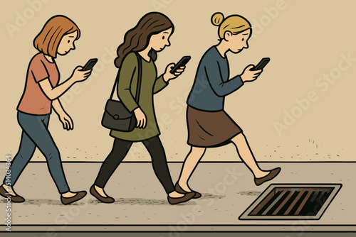 Digital distraction, smartphone addiction concept. Women engrossed in phones walk towards open manhole. Danger, unawareness, pedestrian safety risk, modern social issue. Cartoon illustration.
