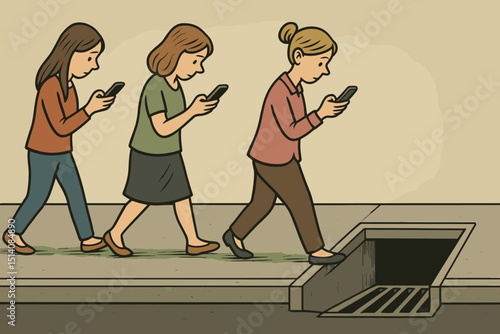 Digital distraction concept. Women walking, absorbed by smartphones, oblivious to open manhole. Pedestrian safety risk, phone addiction, modern life danger, social issue illustration.