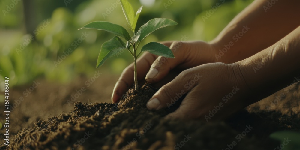 Fototapeta premium Hands Actively Engaged in Planting a Young Sapling into Rich, Fertile Soil for a Better Future