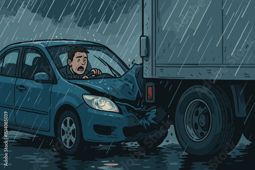 Dramatic car accident in heavy rain, shocked man driving. Vehicle collision with truck, illustrating dangerous road conditions, traffic incident, auto damage, and insurance claim concept.