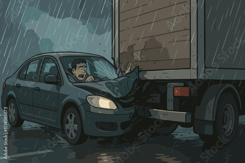 Dramatic car accident in heavy rain: shocked driver crashes into truck. Rear-end collision, dangerous driving conditions, road safety alert, vehicle damage, insurance claim concept.