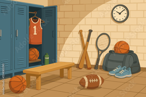 Sports locker room interior illustration. School gym changing room with basketball jersey, ball, baseball bats, tennis racket, football, sneakers, and athletic equipment. Team fitness concept.