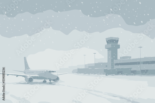 Snowy airport runway with airplane grounded during heavy snowstorm. Air traffic control tower and terminal visible in blizzard conditions. Winter travel disruption, flight delay concept.