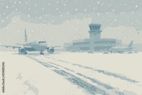 Snowy airport runway, airplane grounded in winter blizzard. Heavy snowfall, air travel disruption. Airport terminal, control tower, cold weather. Vector illustration concept.