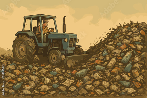 Man operating tractor in landfill, plowing through heaps of garbage, plastic bottles, and waste. Environmental pollution, recycling failure, and consumerism concept illustration.