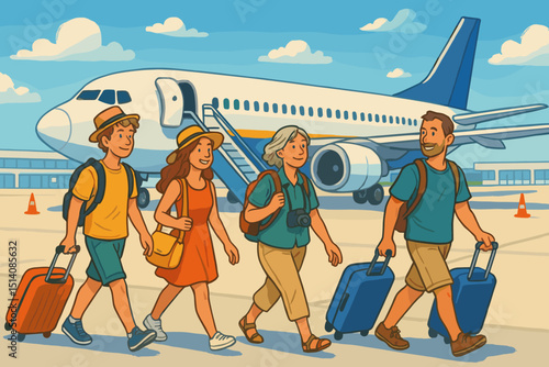 Happy diverse group of tourists with luggage walking on airport tarmac to board airplane for summer vacation. Family travel, air transport, holiday journey. Retro cartoon illustration.