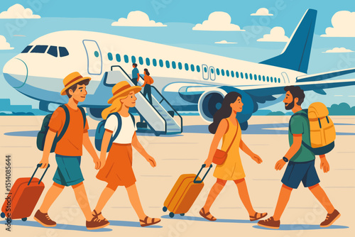 Airplane boarding scene with diverse travelers, couples carrying luggage walking on tarmac towards aircraft. Summer vacation, airport travel concept. Flat design vector illustration.