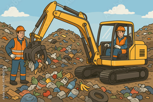 Excavator clearing landfill site with workers. Waste management, garbage disposal, and recycling concept. Heavy machinery sorting junk, rubbish, and pollution for environmental cleanup.
