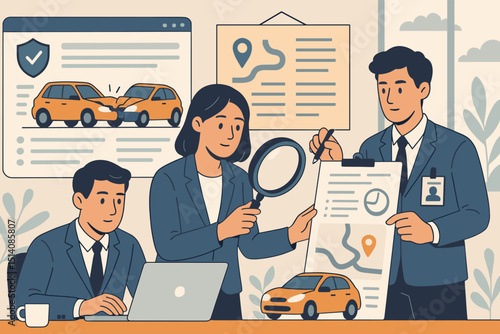 Insurance investigators meticulously analyze car accident claim. Professional team working with documents, magnifying glass, and laptop for vehicle damage assessment and reporting.
