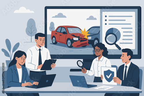 Insurance investigators team analyzing car accident claim. Agents working in office, reviewing vehicle damage report and data on screen. Auto insurance policy assessment, protection concept vector.