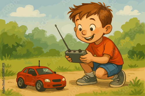 Smiling boy playing with red remote control toy car. Happy child enjoying RC vehicle fun outdoors in park. Childhood activity, classic cartoon illustration for kids. Summer leisure game.