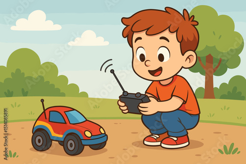 Cartoon boy playing remote control toy car. Outdoor fun, happy child with RC vehicle in park. Childhood imagination, leisure activity, summer game. Kids vector illustration, playtime concept.