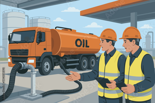 Oil delivery inspection at industrial depot. Two workers in safety helmets and vests using tablets to supervise fuel transfer from petroleum tanker truck to storage tanks. Energy sector logistics.
