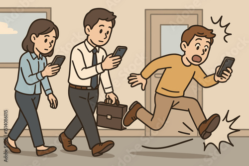 Office safety hazard: distracted workers using mobile phones. Man running carelessly, potential tripping or collision accident. Workplace risk from smartphone addiction, inattention illustration.