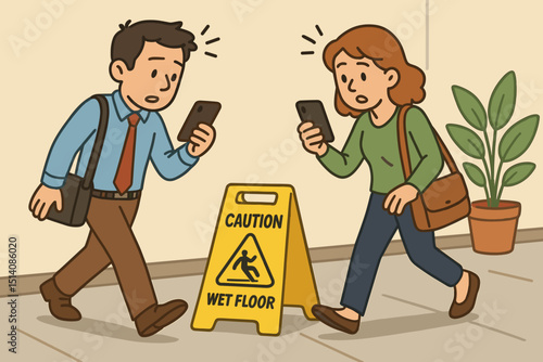 Smartphone distraction hazard. Office workers ignore wet floor caution sign, risking workplace accident. Safety, inattention, mobile phone danger, potential injury, slip and fall concept.