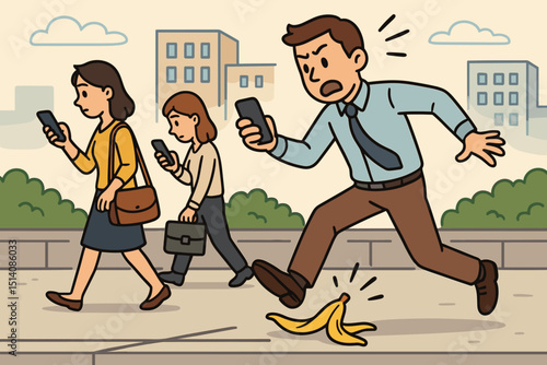 Distracted businessman texting on smartphone, about to slip on banana peel on city sidewalk. Workplace safety hazard, phone addiction, carelessness, pedestrian risk concept.