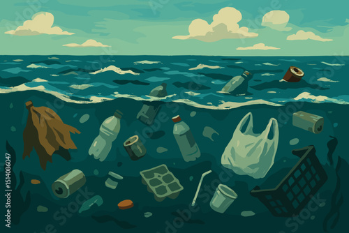 Plastic pollution in ocean illustration. Environmental crisis with bottles, bags, trash littering sea surface and underwater. Marine debris, garbage dump, ecological disaster concept vector.