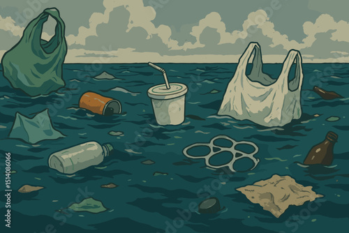 Sea pollution crisis: Ocean contaminated by plastic bags, bottles, cups, straws, cans. Marine debris floating. Environmental disaster illustration. Water contamination, ecological problem, waste.