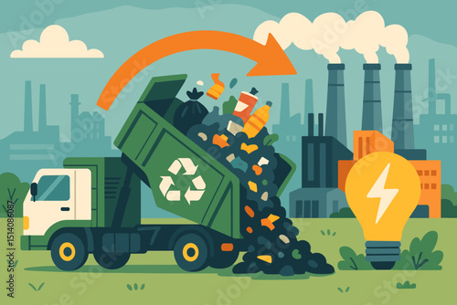 Waste-to-energy cycle illustration. Recycling truck converting trash to power at factory. Sustainable resource recovery, renewable electricity generation, environmental innovation vector.