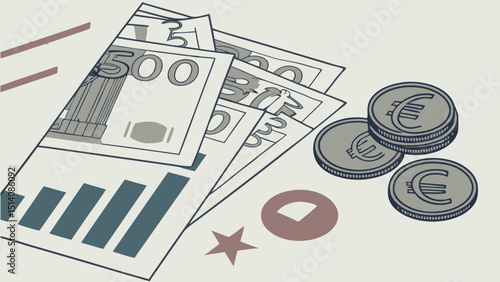 euro banknotes and coins on white