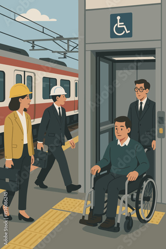 Accessible train station with wheelchair user in elevator, engineers on platform. Concept of inclusive public transport, barrier-free infrastructure, urban mobility and disability access.
