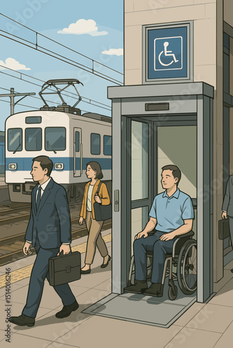 Wheelchair accessibility at train station. Man using elevator. Inclusive public transport. Disability access. Urban mobility. Barrier-free design. Commuter independence. Vector illustration.